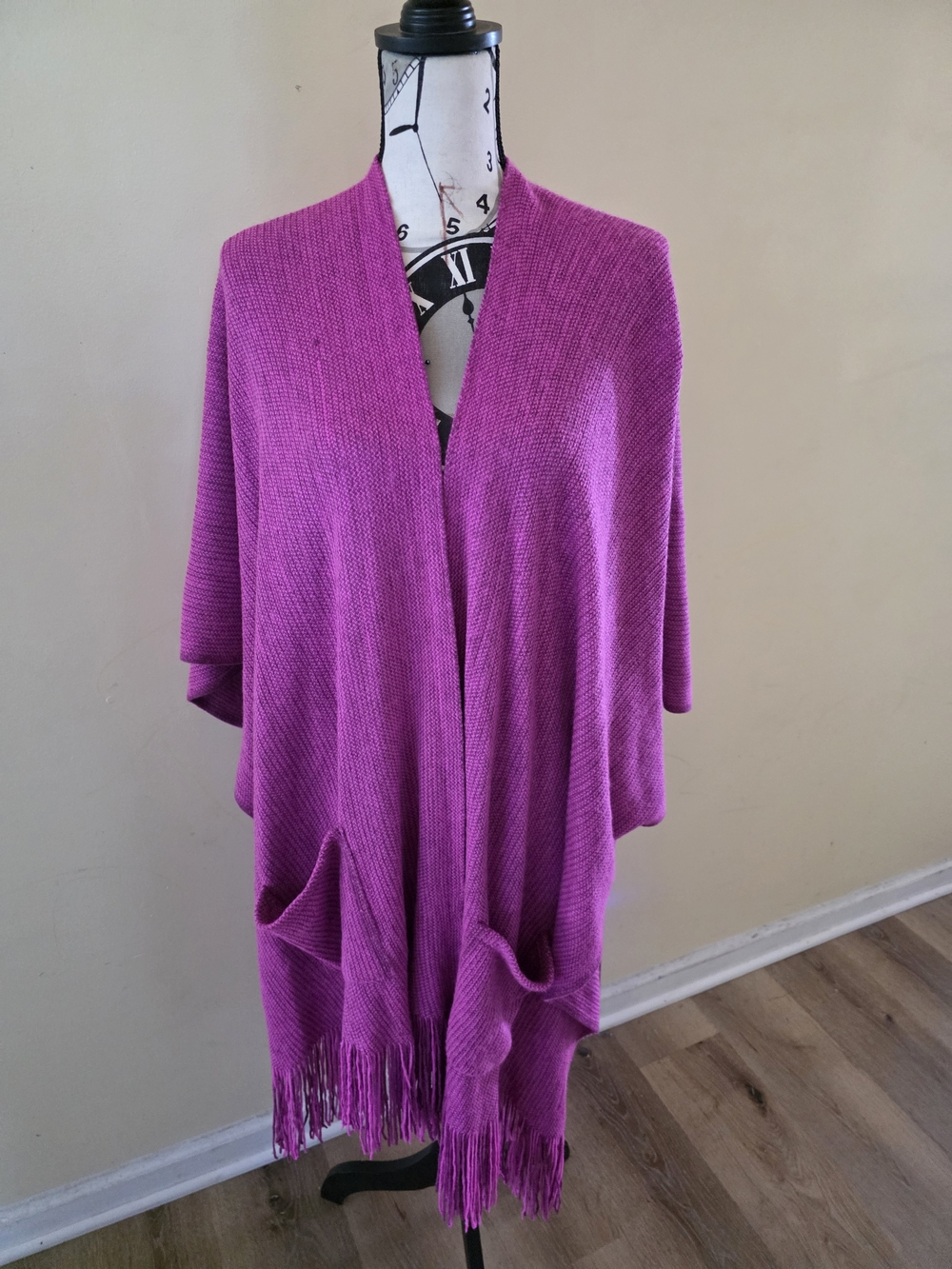 Source Unknown Open-Front Fringe Poncho in Fuchsia